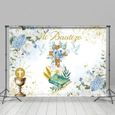 Aperturee - Aperturee Floral Glitter Cross Blue Dove Mi Bautize Backdrop